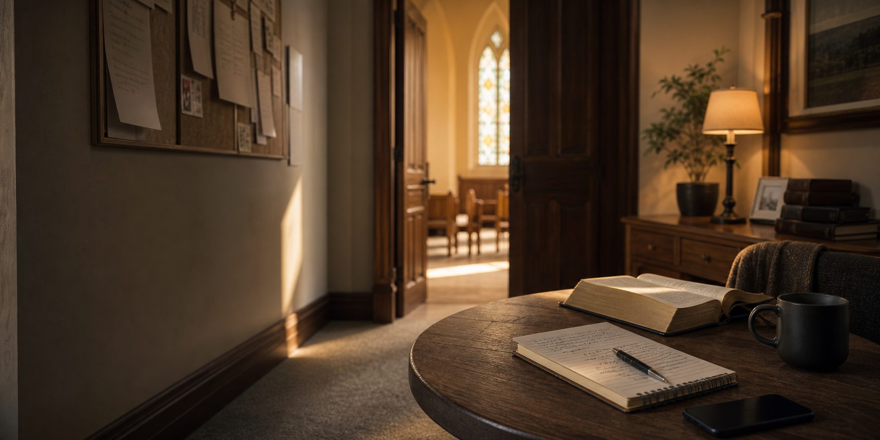 A warm pastoral study with an open Bible, notebook, laptop, and morning light.